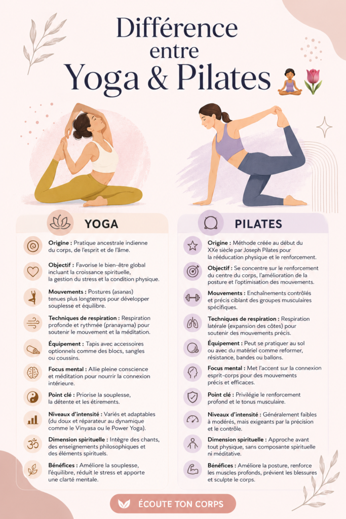 Illustration montrant une femme pratiquant le Yoga et une autre pratiquant le Pilates, symbolisant la comparaison entre les deux disciplines.