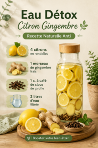 Une bouteille d'eau detox au citron et gingembre, idéal pour rester hydraté.