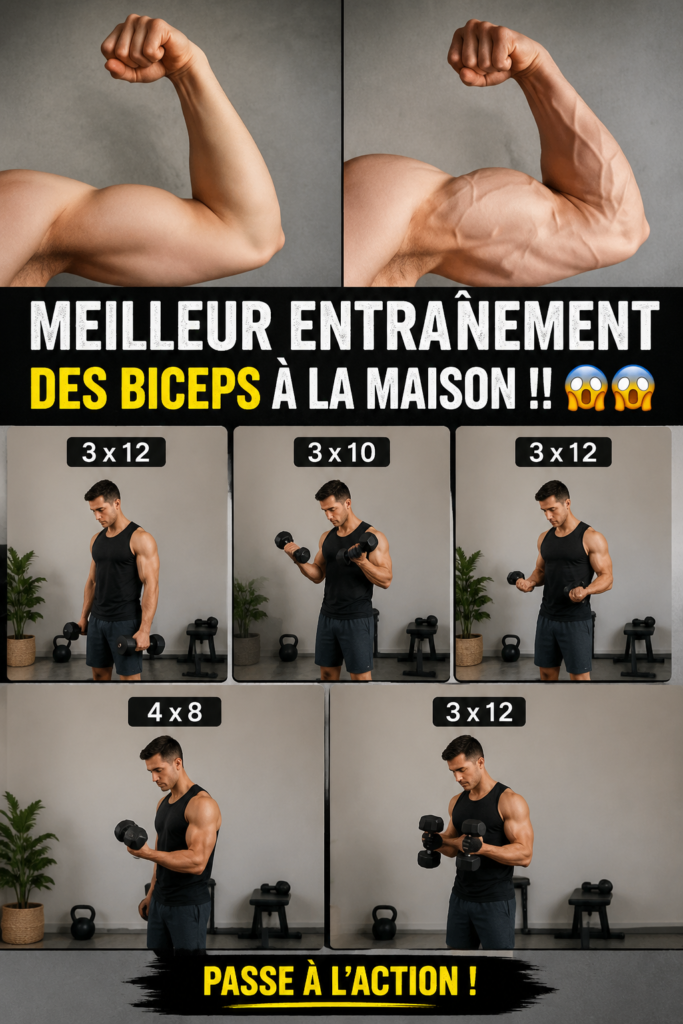 Femme faisant des exercices pour les biceps à la maison, sans équipement.