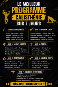 Femme en train de faire des exercices de calisthénie à la maison, illustrant un programme d'entraînement de 7 jours.