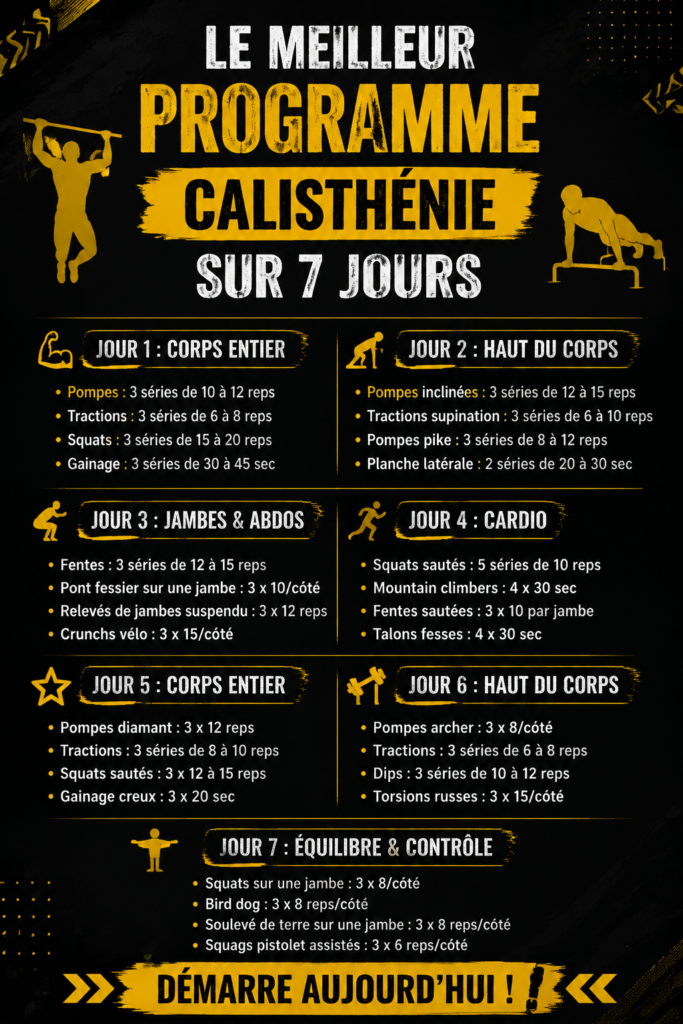 Femme en train de faire des exercices de calisthénie à la maison, illustrant un programme d'entraînement de 7 jours.