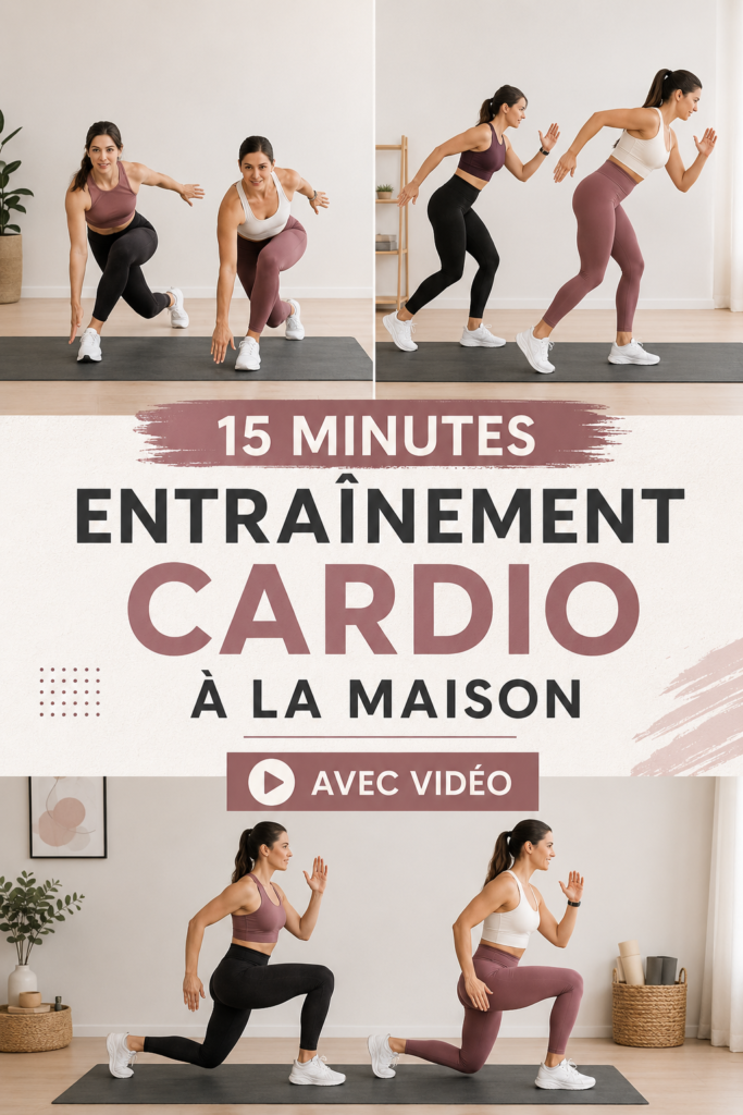 Femme faisant un entraînement cardio à la maison, souriante et motivée.