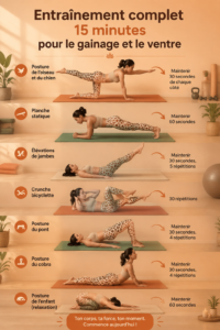 Femme faisant des exercices d'abdos dans un salon, routine rapide de 15 minutes
