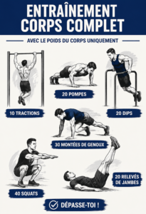Femme effectuant un entraînement complet à la maison, intégrant divers exercices.