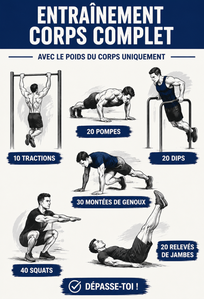 Femme effectuant un entraînement complet à la maison, intégrant divers exercices.