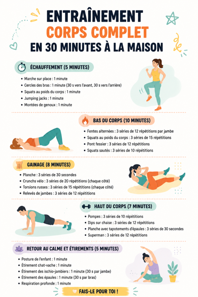 Femme souriante réalisant un entraînement de 30 minutes à la maison