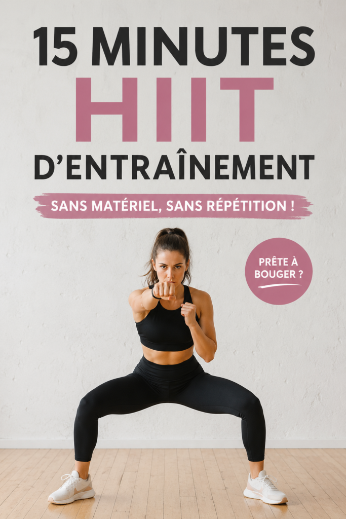 Séance de HIIT de 15 minutes sans matériel, femme s'entraîne dans le salon