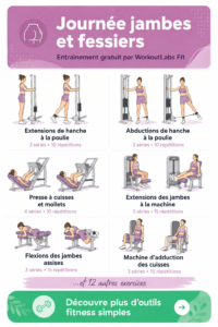 Femme en train de faire des squats dans un salon, ciblant les jambes et les fessiers.