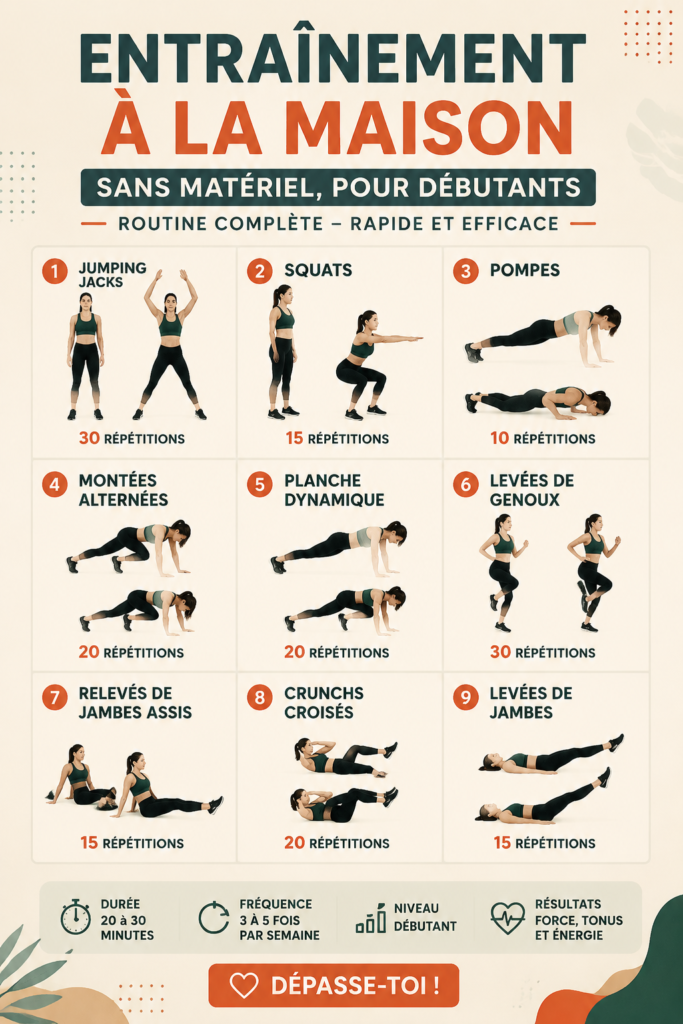 Une femme faisant des exercices chez elle sans équipement