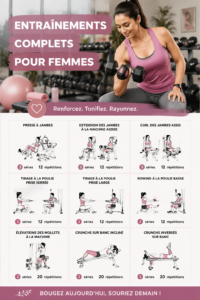 Femme s'entraîne avec des poids dans une salle de gym, préparation pour un entraînement complet du corps