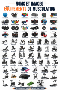 Illustration d'un espace de gym avec divers équipements modernes et fonctionnels.