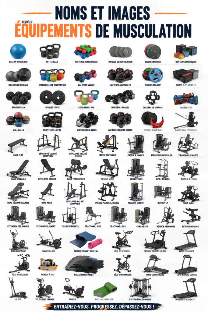 Illustration d'un espace de gym avec divers équipements modernes et fonctionnels.