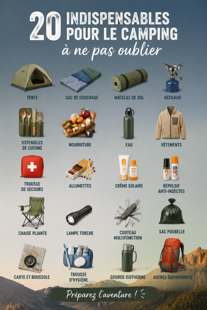 Ensemble de matériel de camping organisé dans une tente, prêt pour l'aventure.