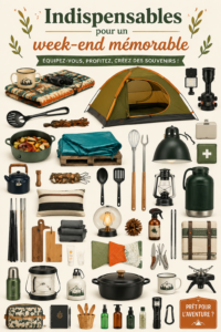 Équipement de camping bien organisé pour un week-end mémorable en pleine nature.
