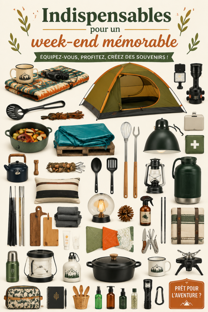 Équipement de camping bien organisé pour un week-end mémorable en pleine nature.