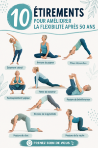 Femme de 50 ans faisant des étirements dans un parc, symbolisant la flexibilité et le bien-être