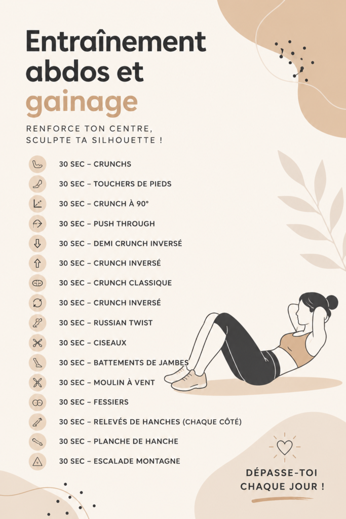 Femme effectuant des exercices pour renforcer sa sangle abdominale dans un environnement chaleureux.