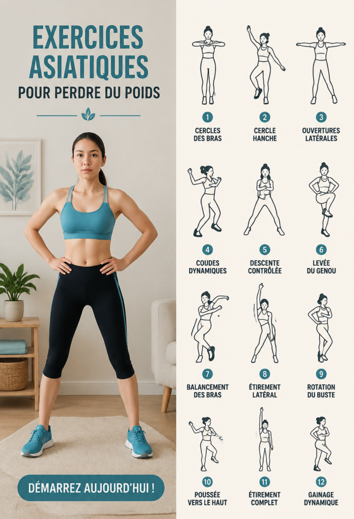Femme réalisant des exercices asiatiques en extérieur pour tonifier son corps.