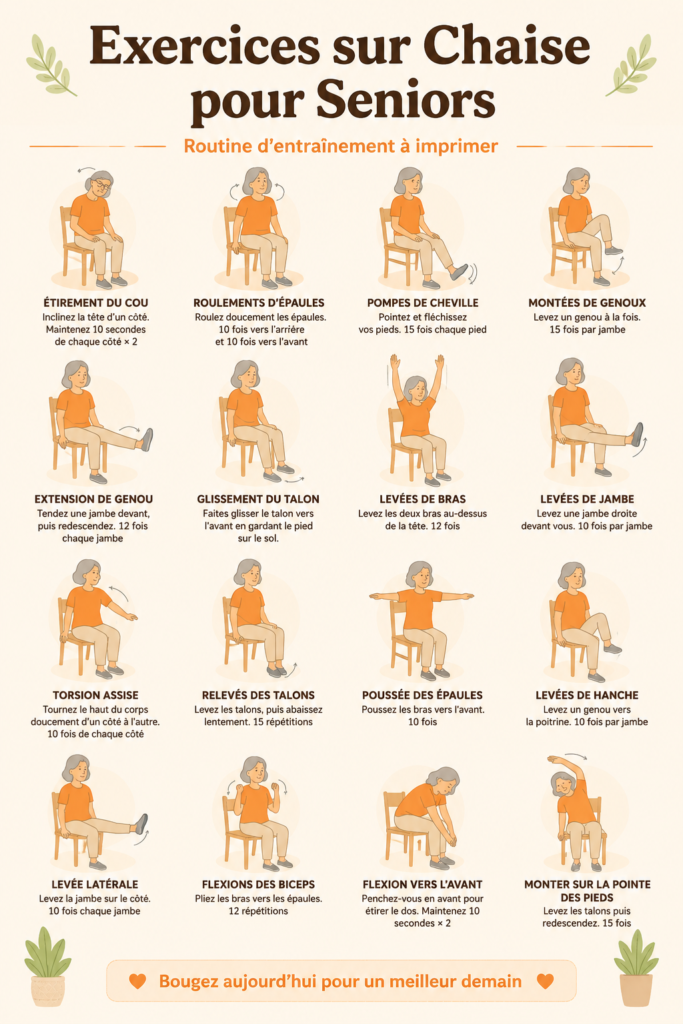 Femme senior faisant des exercices assis sur une chaise confortable.