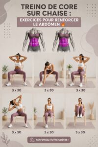 Femme faisant des exercices de core assis sur une chaise, souriante et concentrée.