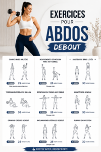Femme effectuant des exercices debout pour renforcer ses abdos dans un cadre lumineux et motivant.