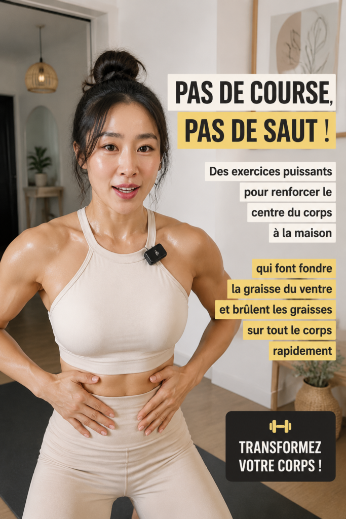 Femme réalisant des exercices doux pour tonifier son ventre à la maison.