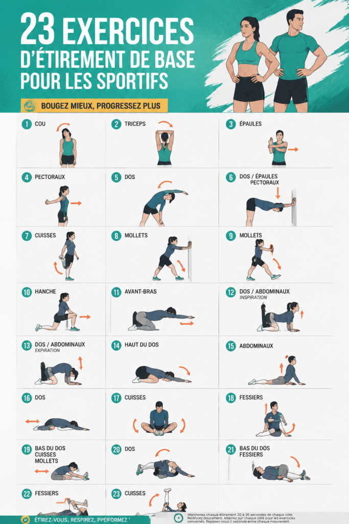 Femme effectuant un étirement avec un sourire, illustrant la pratique des exercices d'étirement.
