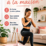 Femme faisant des exercices à la maison, sourire et en tenue de sport, dans un salon lumineux.