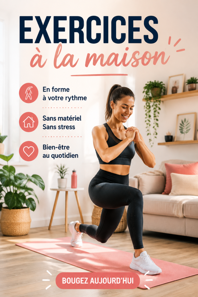 Femme faisant des exercices à la maison, sourire et en tenue de sport, dans un salon lumineux.