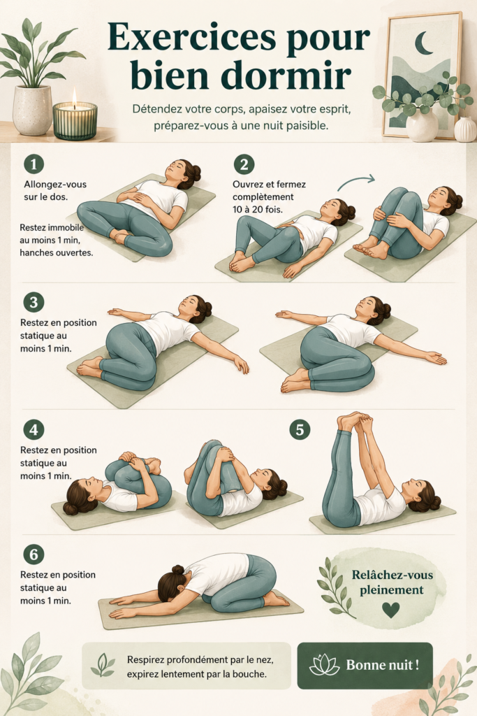 Femme détendue effectuant des exercices de relaxation pour mieux dormir.