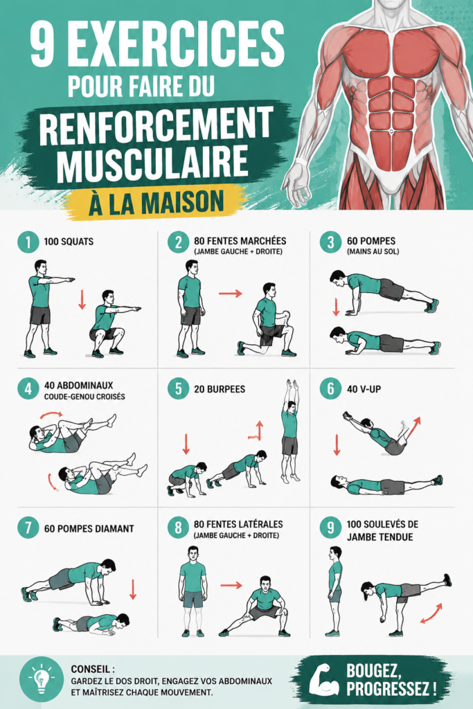 Exercice de renforcement musculaire à domicile par une femme