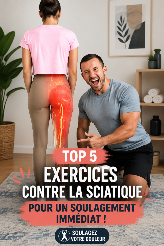 Femme en train de faire des exercices pour soulager sa sciatique sur un tapis de yoga.