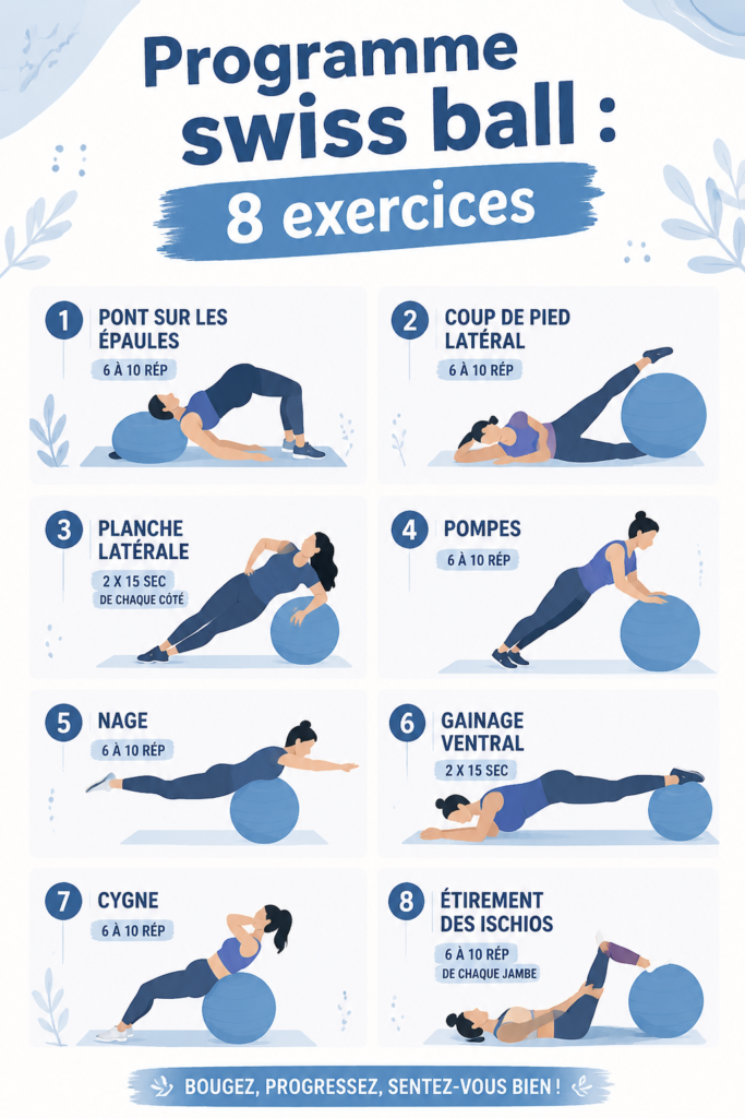 Femme faisant des exercices sur un swiss ball pour renforcer son corps.