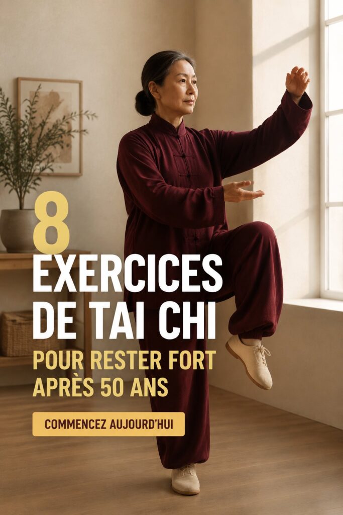 Femme de 50 ans pratiquant le Tai Chi dans un parc, symbole de force et d'équilibre.