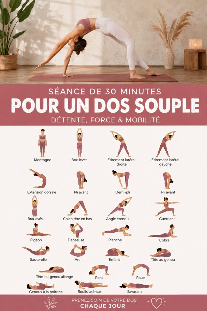 Femme pratiquant le yoga avec un flow de 30 minutes pour la flexibilité de la colonne vertébrale