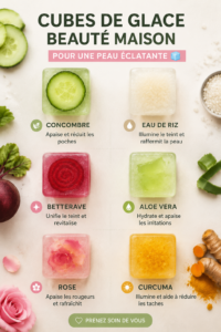 Glaçons faits maison pour embellir la peau, présentés sur une surface claire.