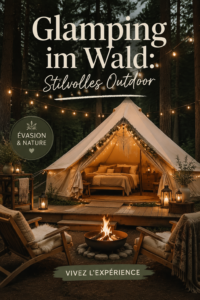 Un hébergement en glamping en forêt, avec une tente luxueuse entourée d'arbres, créant une ambiance chaleureuse