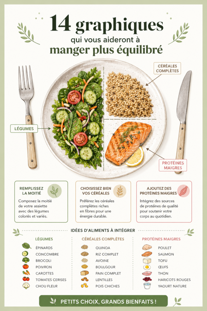 Graphiques colorés représentant des repas équilibrés