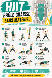 Femme entraînant son corps avec HIIT sans matériel ni impact dans un cadre confortable.
