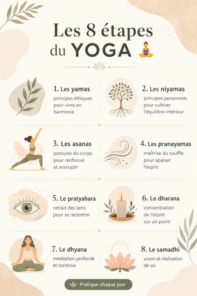 Femme pratiquant le yoga dans un environnement paisible, représentant les 8 étapes essentielles pour un bien-être holistique.