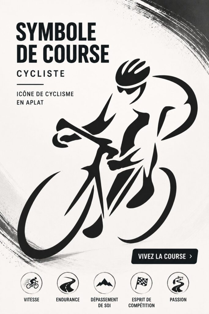 Icônes symboliques représentant le cyclisme, incluant des silhouettes de cyclistes et des logos sportifs.