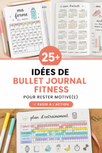 Une belle page de bullet journal fitness avec des illustrations colorées et des trackers d'exercice.