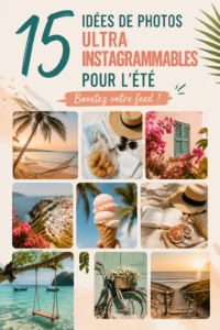 Femme souriante prenant une photo en plein été, entourée de fleurs colorées.