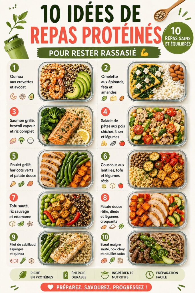Un assortiment de repas équilibrés riches en protéines, parfaits pour une alimentation saine.