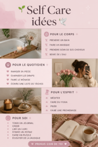 Femme détendue pratiquant le self-care avec une tasse de thé et un livre