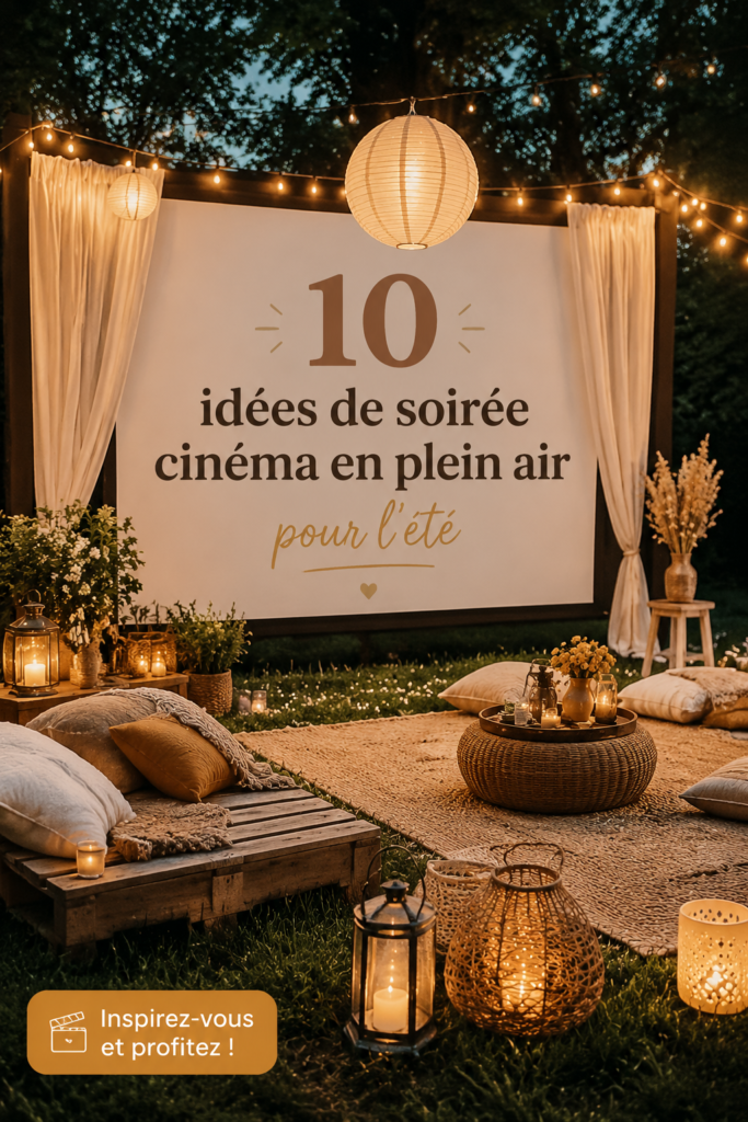 Un jardin décoré pour une soirée cinéma avec un écran de projection et des coussins.