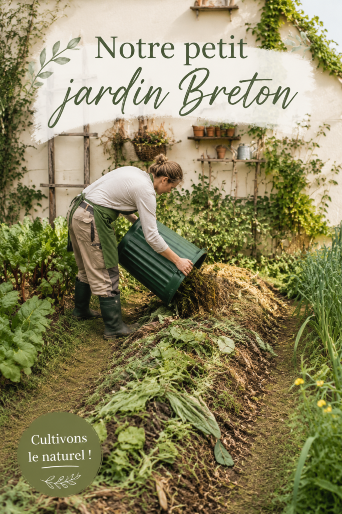 Un jardin breton avec des plantes variées et un banc en bois.