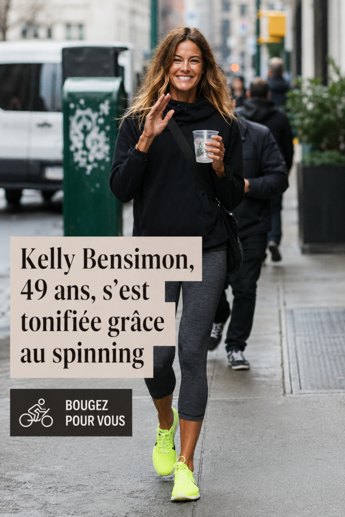 Kelly Bensimon souriante dans une tenue de sport après une séance de spinning