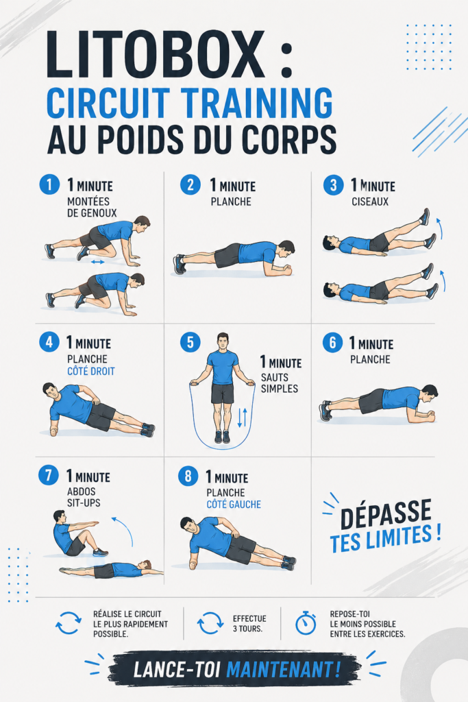 Visuel de l'application Litobox montrant un circuit training au poids du corps.