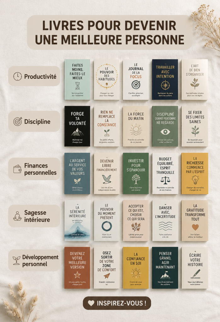 Couverture de livre sur le développement personnel avec un fond apaisant